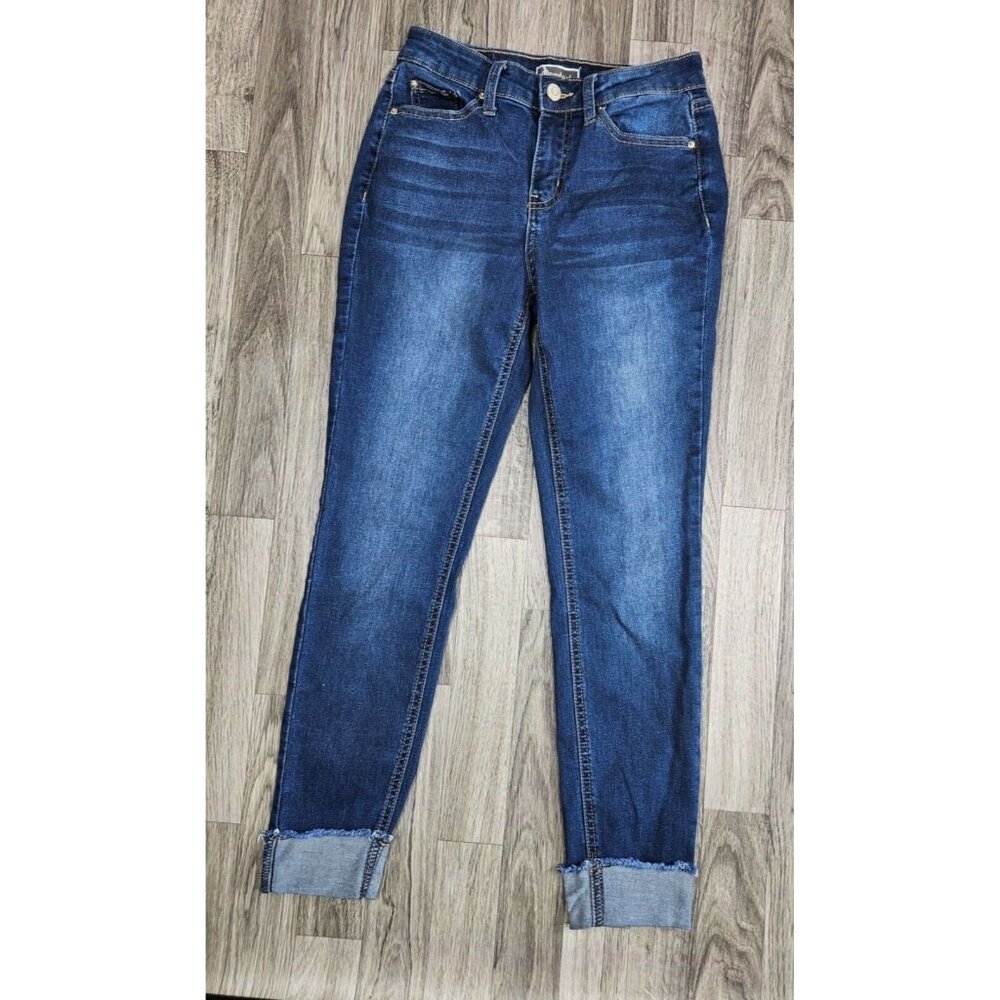 Soundgirl Womens Juniors 5 Cuffed Fringe Hem‎ Pockets Whiskered Denim Blue Jeans